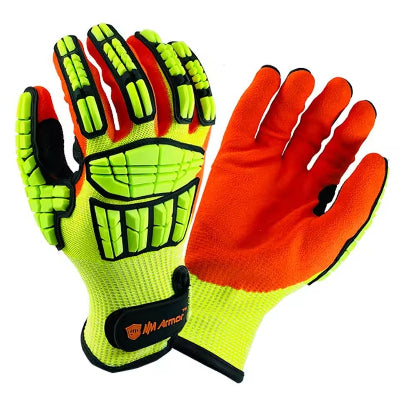 Paire de gants de travail orange, recto jaune et orange et verso orange