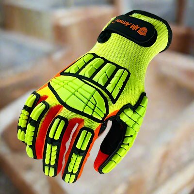 Gant de travail orange vue du recto jaune, noir, et orange