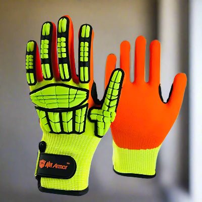 Paire de gants de travail orange recto jaune et noir et verso orange 