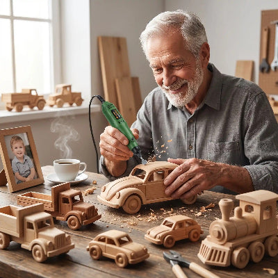 Grand-papa ponçant une auto en bois avec la ponceuse de précision