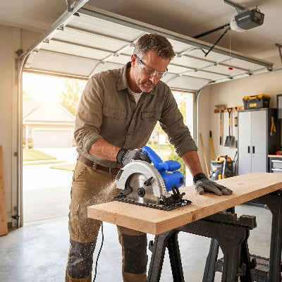Homme dans son garag utilisant scie-circulaire pour scier planche bois