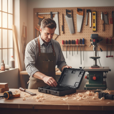 Homme prenant une scie cloche du coffret