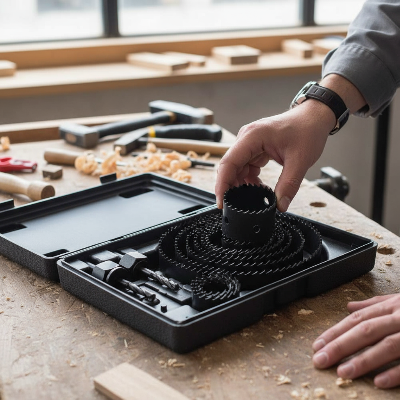 Homme sélectionnant une scie cloche du coffret