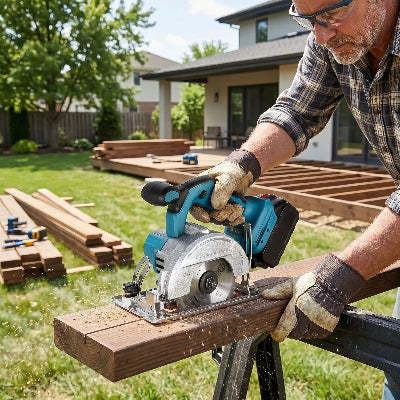 Homme utilisant une mini scie circulaire sans fil 1000W pour découper du bois lors de la construction d’un patio