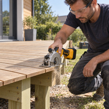 Homme utilisant la scie circulaire miniature pour le travail sur patio en bois extérieur
