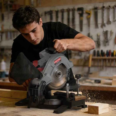 Homme utilisant la scie a onglet travaillant dans atelier menuiserie