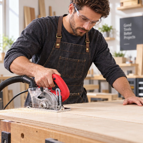 Homme utilisant la sice circulaire miniature pour couper un feuille de contreplaqué