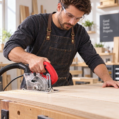 Homme utilisant la sice circulaire miniature pour couper un feuille de contreplaqué