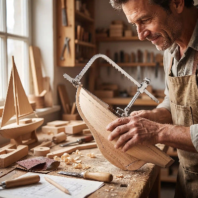 Homme utilisant la scie de précision bois pour travailler sur bateau de bois
