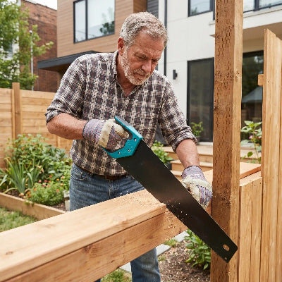 Homme utilisant scie egoine pour scier planche de clôture
