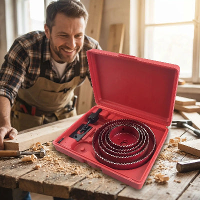 Jeu de scie cloche rouge dans atelier et homme souriant
