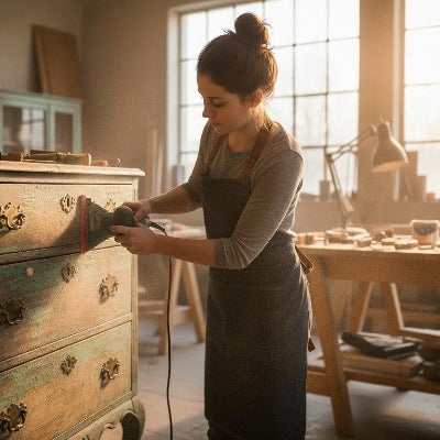 Jeune femme ponçant un meuble avec papier abrasif auto adhérant triangulaire