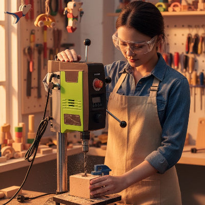Jeune femme utilisant la colonne mini perceuse dans son atelier de fabrication de jouets