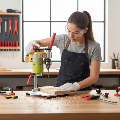Jeune femme utilisant la mini perceuse a colonne 