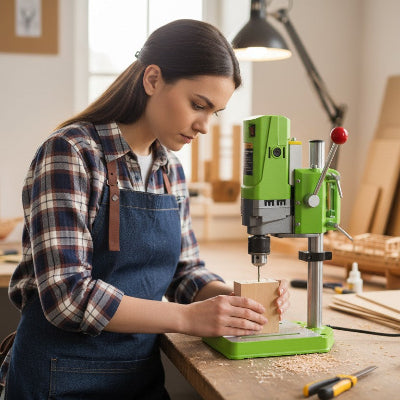 Jeune femme utilisant la mini  perceuse sur colonne dans atelier modélisme