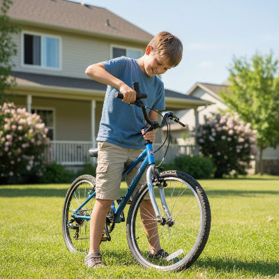 jeune garçon réparant son vélo avec la perceuse et visseuse sans fil