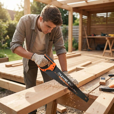 Jeune homme utilisant la scie egoine pour construire un patio
