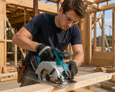 Jeune homme utilisant scie cirvulaire sans fil sur chantir construction