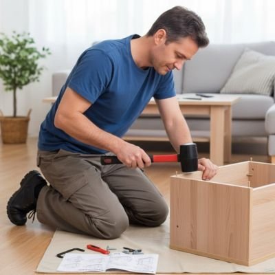 Maillet utilisé par un homme pour assemblage d'un cabinet