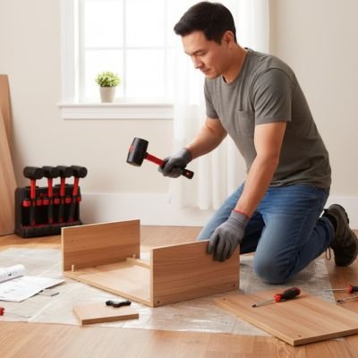 Maillet  utilisé par un homme pour assemblage d'un meuble