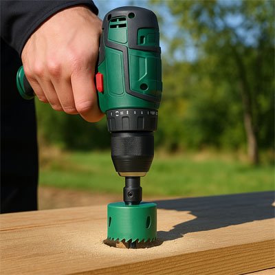 Main d'homme perçcant du bois avec la scie cloche