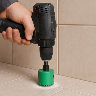 main perçant dee la céramique avec la scie cloche verte