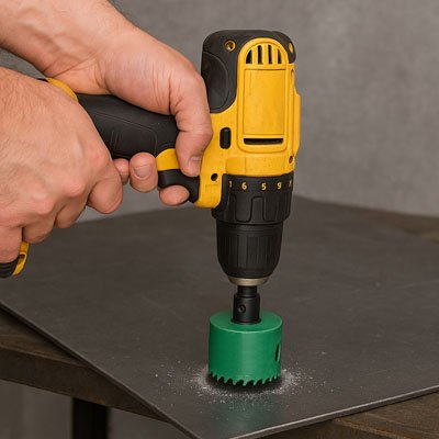 Mains d'homme perçant du métal avec la scie cloche