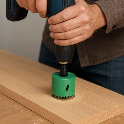 Mains d'homme perçant une planche en bois avec la scie cloche