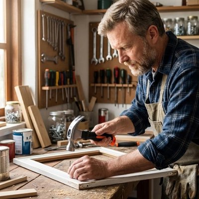 Marteau utilisé par homme pour fixer câdre