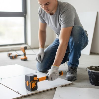 Marteaux utilisé par un homme sur des tuiles de marbre