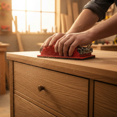 Menuisier utilisant une ponceuse manuel sur meuble en bois