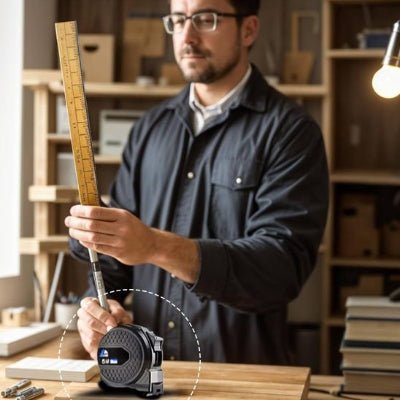 Metre ruban homme comparant avec un mètre en bois