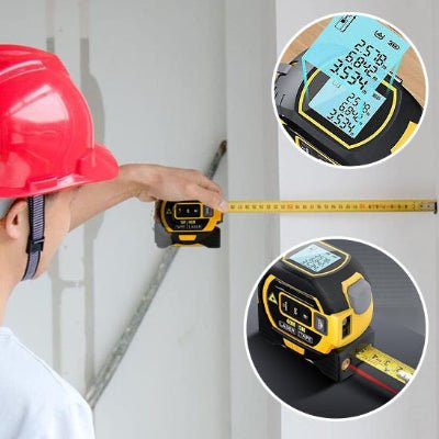 Mètre ruban homme mesurant avec règle et gros plan de l'écran