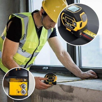 Mètre ruban homme utilisant la mesure standard et gros plan compartiment à batteries