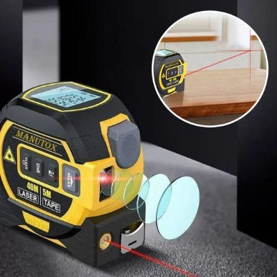 Mètre ruban jaune et noir et vue du laser