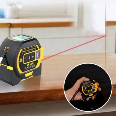 Mètre ruban mesure au laser et gros plan prise en main
