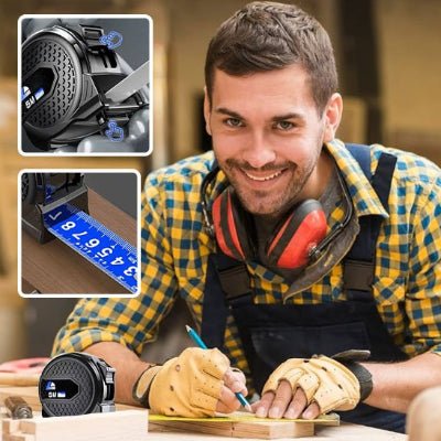 Metre ruban utilisé par un menuisier souriant