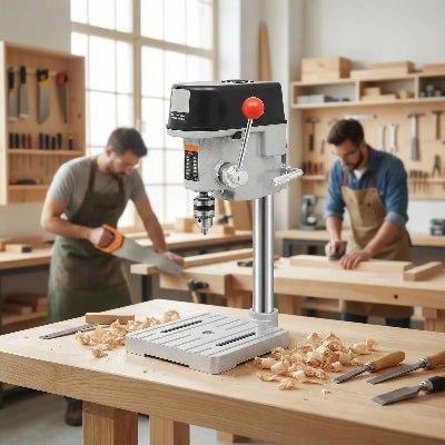 Mini perceuse a colonne sur un établi 