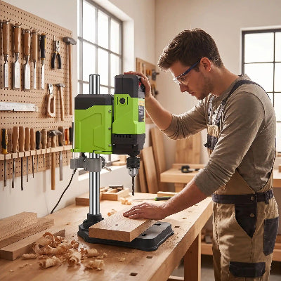 Mini perceuse sur colonne utilisée par jeune menuisier
