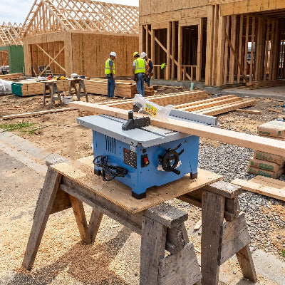 Mini scie circulaire table sur des chevalets sur chantier de construction