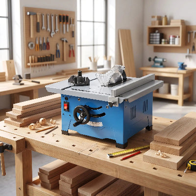 Mini scie circulaire table sur établi dans un atelier de menuiserie