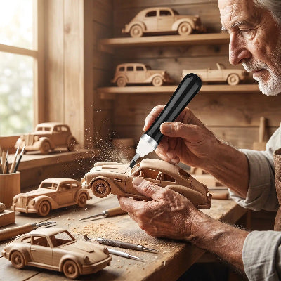 Modéliste d'expérience ponçant une automobile en bois avec la ponceuse de précision