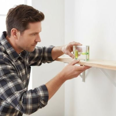 Niveau à bulle utilisé par un homme pour mettre de niveau une tablette 