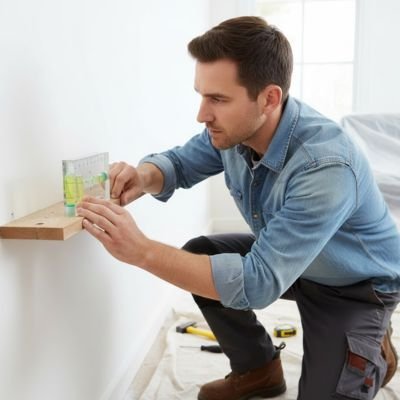 Niveau à bulle utilisé par un homme pour mettre de niveau une étagère