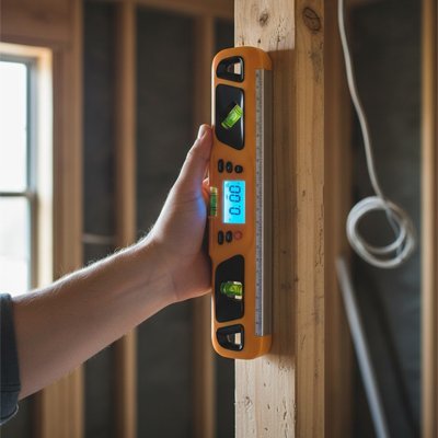 Niveau de précision à bulle installé sur un montant de bois