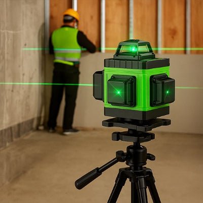 Niveau laser boitier vert installé sur un trépied standard