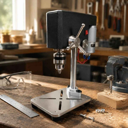 Perceuse à colonne mini sur un établi de menuiserie