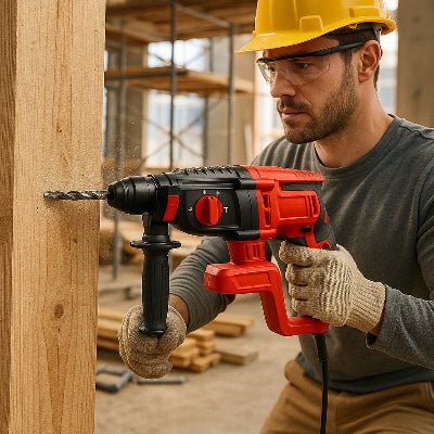 Perceuse utilisée par un homme pour percer un e poutre de bois