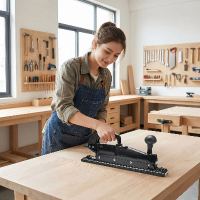 Ponceuse a air utilise sur une table de bois clair