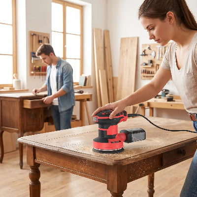 Ponceuse bois puissanteutilisée par femme ponçant un dessus de table ancienne
